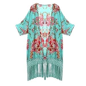 AQUA FLORAL FRINGE BIKINI COVERUP/KIMONO